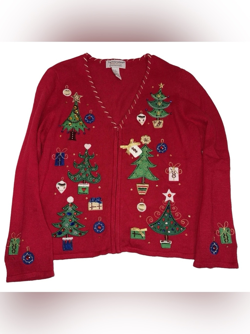 Vintage Tia International Festive Red Christmas Tree Cardigan Zip Sweater Sz. Lg